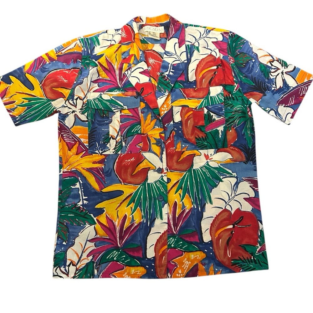 80s 90s Vintage ESCADA Hawaiian Style Floral Print Button Up Shirt